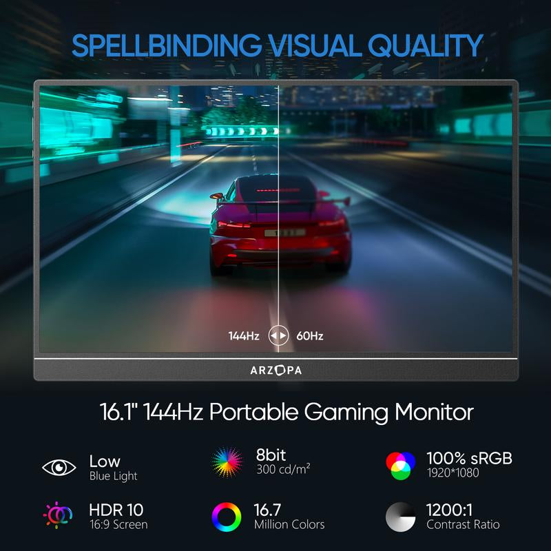 ARZOPA 16.1" Portable Gaming Monitor - 100% sRGB, 144Hz & 60Hz, 1080P FHD, External Second Screen for Laptop, PC, PS5, Xbox, and Switch