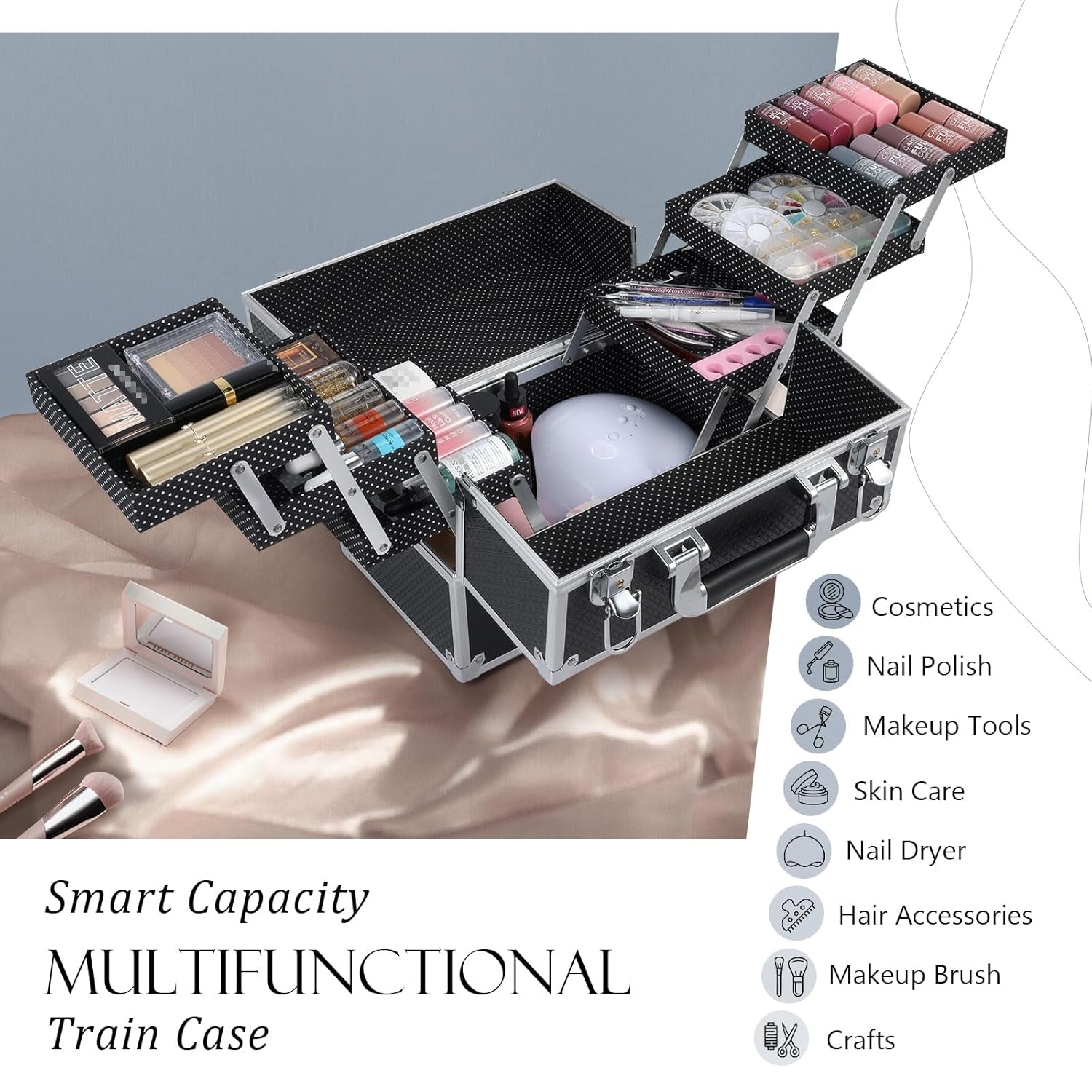 12-Inch Professional Makeup Train Case - Premium Portable Cosmetic Organizer with 6 Tier Trays, Secure Locking Mechanism, and Travel-Ready Design for Women and Girls - Elegant Black Finish