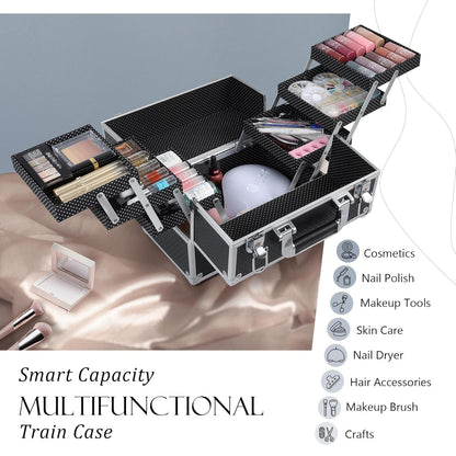 12-Inch Professional Makeup Train Case - Premium Portable Cosmetic Organizer with 6 Tier Trays, Secure Locking Mechanism, and Travel-Ready Design for Women and Girls - Elegant Black Finish