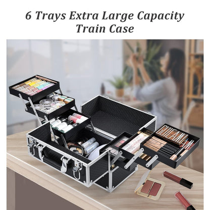 12-Inch Professional Makeup Train Case - Premium Portable Cosmetic Organizer with 6 Tier Trays, Secure Locking Mechanism, and Travel-Ready Design for Women and Girls - Elegant Black Finish